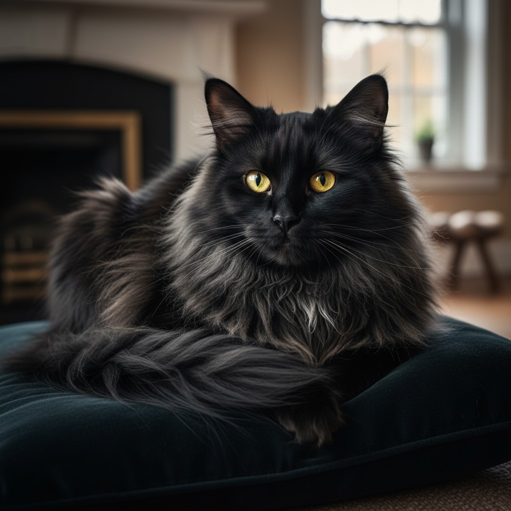 A fluffy black cat with striking yellow eyes lies comfortably on a dark green cushion.